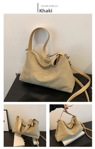 Vue détaillée du sac bandoulière en daim kaki avec fermoir rotatif argenté et sangle