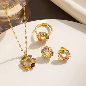 Stainless Steel Flower Pendant Necklace Colorful Rhinestone Inlaid Jewelry Set With Earrings And Adjustable Open Ring For Women