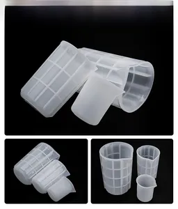 Three-piece set of translucent silicone measuring cups with spout and reinforced grid texture