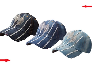 Detailed comparison of three denim baseball caps with rhinestone leaf patterns in blue shades