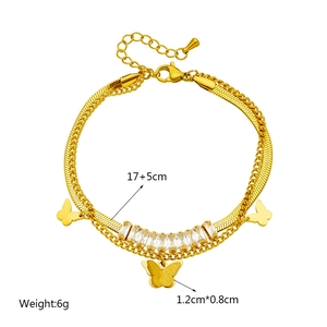 Detailed view of gold butterfly bracelet with zircons, chain length 17+5cm, 6g weight