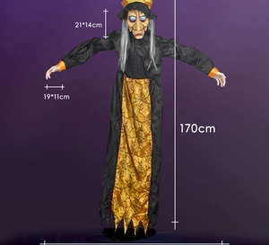 Detail view of 170cm Halloween hanging witch prop with specific size markings and measurements