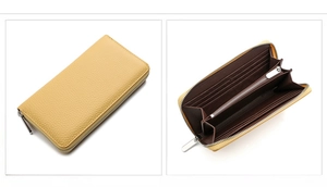 Macro view of bright yellow leather wallet showing lychee texture and inner compartments