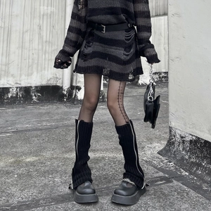 Jambières tricotées noires style Gothic Lolita avec fermeture éclair et chaînes