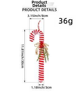 Detail showing 30cm candy cane ornament with red white stripes and pine needle bow