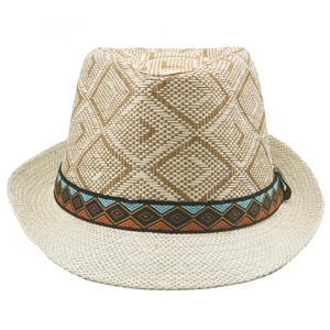 Classic straw fedora hat with bohemian woven band for summer outdoor beach sun protection