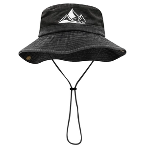 Chapeau de randonnée à large bord brodé montagne en gris foncé avec cordon réglable