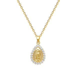 Elegant gold titanium necklace with teardrop religious pendant and crystal diamond halo