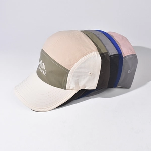 Multi-colored five-panel camp hats with mountain peak design and Explore embroidery