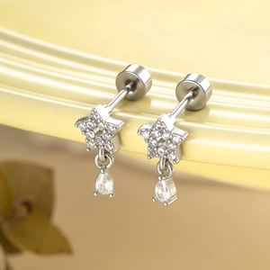 Micro-set zircon star earrings with teardrop crystal drop in polished silver finish