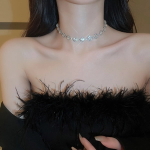 Close-up of sparkling crystal choker necklace on model with silver floral diamond elements