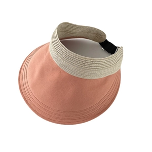 Women's pink wide-brim straw patchwork sun visor hat with adjustable back strap