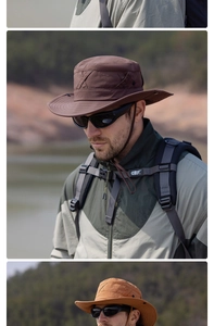 Detail of outdoor sun hat with wide brim, breathable vents, and adjustable wind cord