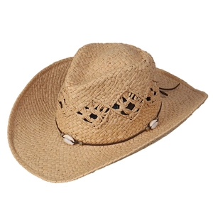 Light brown woven straw cowboy hat with shell detail for summer outdoor sun protection