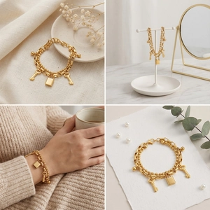 Detail view of double-layer gold chain bracelet with padlock and key charms for women