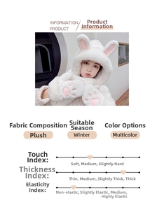Detail of white plush cat paw gloves and rabbit ears on a winter hooded scarf combo