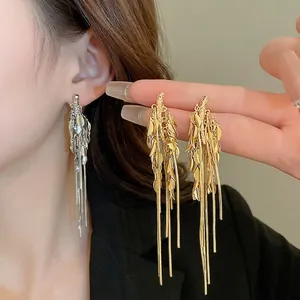 Long Tassel Dangle Earrings For Women Wheat Leaf Design Copper Jewelry With 925 Sterling Silver Earring Post