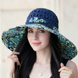 Navy blue crochet sun hat with Nepal print wide brim for women's summer beach outdoor UV protection
