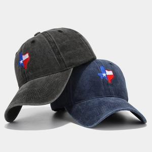 Casquettes de baseball en coton délavé avec carte brodée du drapeau du Texas en bleu et gris