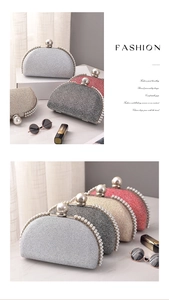 Detail of shell-shaped evening clutch bags with pearl trim in silver, gold and red colors