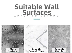 Guide showing wall compatibility for soap holder on glass, marble, and smooth tiles