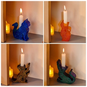 Cat-shaped glitter resin candle holders in blue, orange, gold, and green set of 4