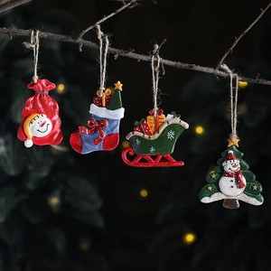 Resin Christmas tree hanging ornaments set featuring snowman and stocking in festive colors