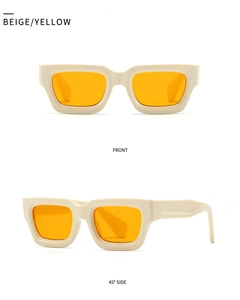 Front and 45-degree side view of beige polygon sunglasses with yellow lenses