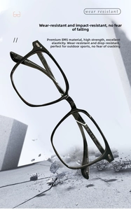 Detail of durable EMS material black frame glasses showing wear resistance and impact strength