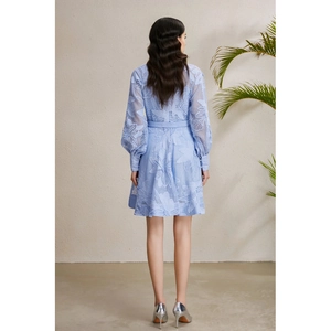 Elegantes hellblaues Spitzenkleid mit Laternenärmeln und durchbrochenem Blumenmuster Rückansicht