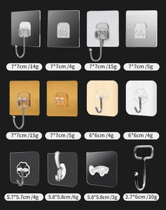 Detail grid showing various sizes and colors of heavy duty adhesive wall hooks
