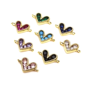 Eight colorful heart-shaped gold plated connector charms with inlaid cubic zirconia
