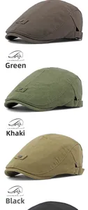 Vertical stack of retro flat caps in brown, green, khaki, and black with metal buckle details