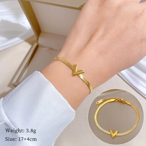 V Letter Pendant Bracelet Titanium Stainless Steel Snake Bone Chain Minimalist Adjustable Jewelry Women