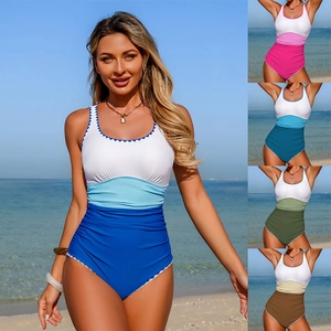Maillot De Bain Une Pièce Femme Bloc De Couleur Gainant Froncé Bord Festonné Nylon Plage