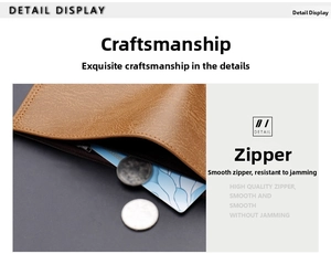 Detail of men's brown pebbled leather wallet showing smooth zipper and card slots storage