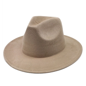 Classic khaki wide brim wool felt fedora hat with indented crown for men and women