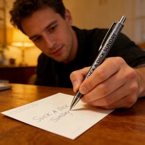 Detail of silver glitter ballpoint pen with funny text held by hand for writing