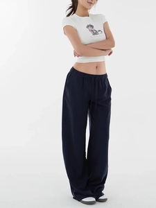 Women's vintage wide-leg dark blue casual trousers with high elastic drawstring waist