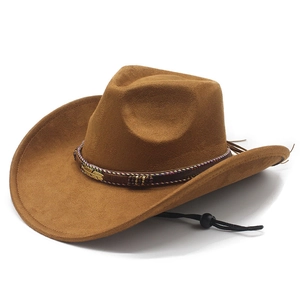 Suede Western Cowboy Hat Wide Brim Ethnic Woven Band Feather Charm Adjustable Windproof Rope Outdoor Retro Fedora