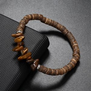 Bohemian coconut shell bracelet with natural tiger eye stone and silver spacers
