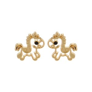 Golden hollow pony pendant stud earrings with minimalist metal finish and black dot eyes