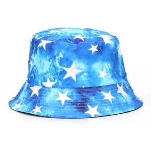 Detail of blue tie-dye bucket hat featuring star prints and durable reinforced stitching