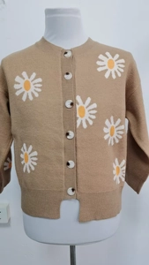 Detail of khaki brown cardigan with white daisy flower embroidery on a mannequin