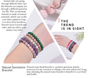 Detailed view of 8mm natural pink zebra stone beaded bracelets for women in multiple colors