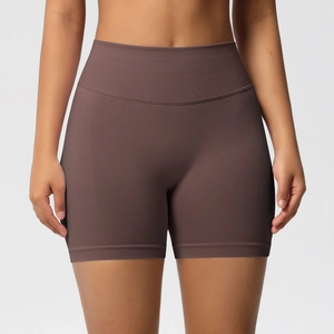 Short de fitness sans couture marron foncé à taille haute pour femmes, idéal pour le yoga