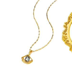 Titanium steel ginkgo leaf necklace with opal stone and crystals on white background
