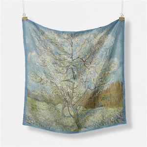 Detail of 53cm silk scarf featuring Van Gogh almond blossom print and blue rolled edges