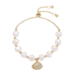 Minimalist baroque freshwater pearl bracelet with gold shell pendant and crystals