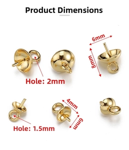 Macro detail of gold stainless steel pearl bail cap sizes 4mm and 6mm for DIY jewelry
